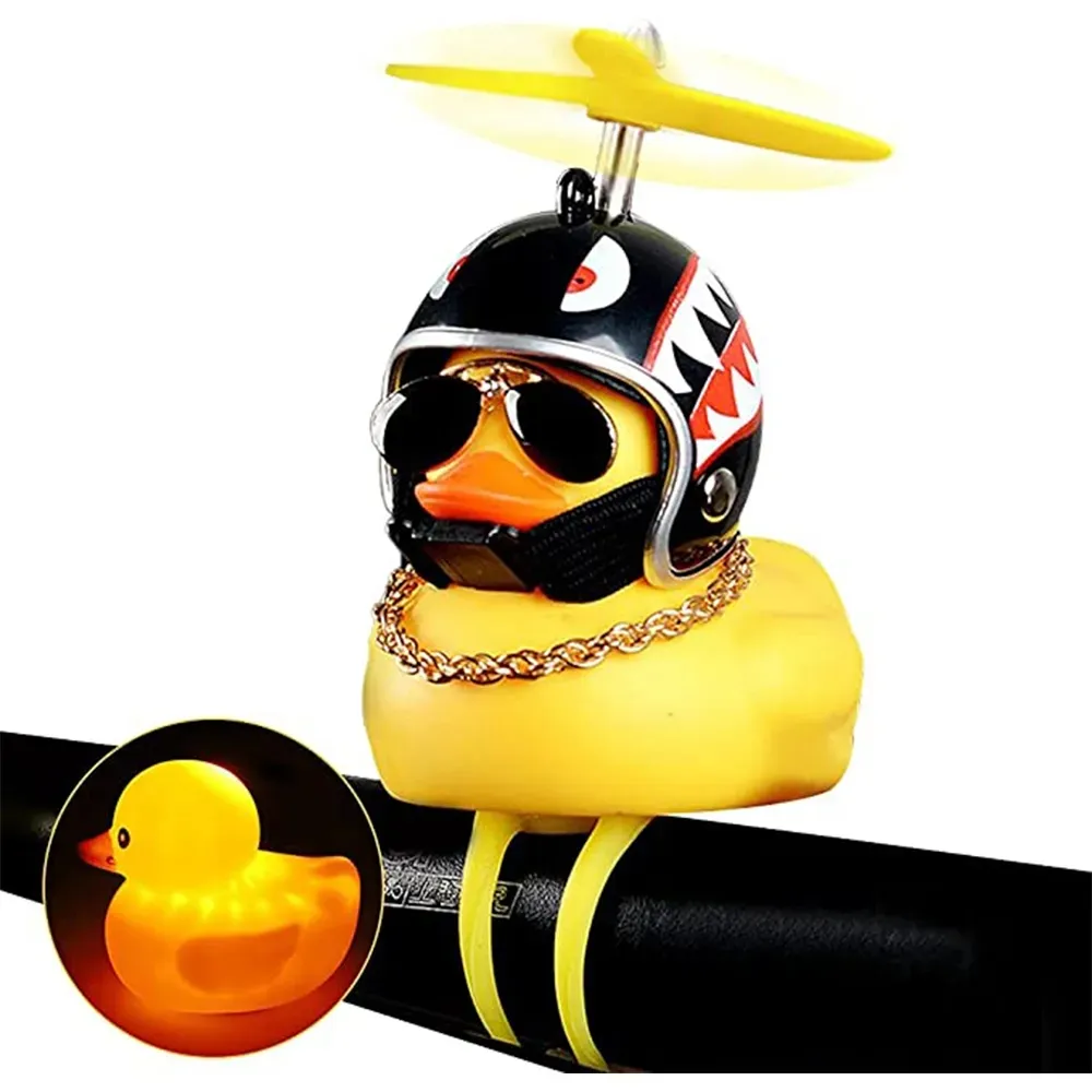 Lovely Rubber Yellow Duck Bike Bell Kids Bike Horn Squeeze Duck Bocinas de bicicleta con casco de hélice Accesorios de bicicleta