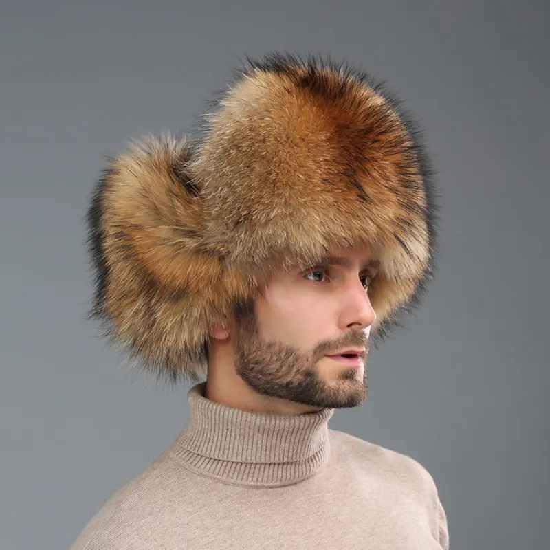 قبعات نسائية من الجلد روسي أوشانكا قبعات طيار مع غطاء للأذن دافئة من فرو الثعلب الحقيقي ملونة شتوية للرجال البالغين
