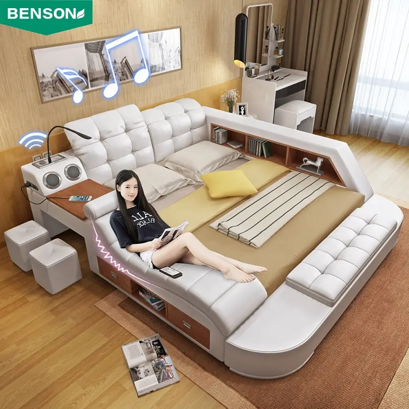 Tempat tidur pijat pintar elektrik, furnitur rumah mewah kulit modern ukuran queen dengan penyimpanan