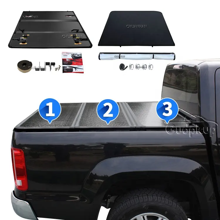 กระบะรถบรรทุกหนัก Tri พับอลูมิเนียม Tonneau ปกสำหรับ Tacoma Bt-50 Amarok