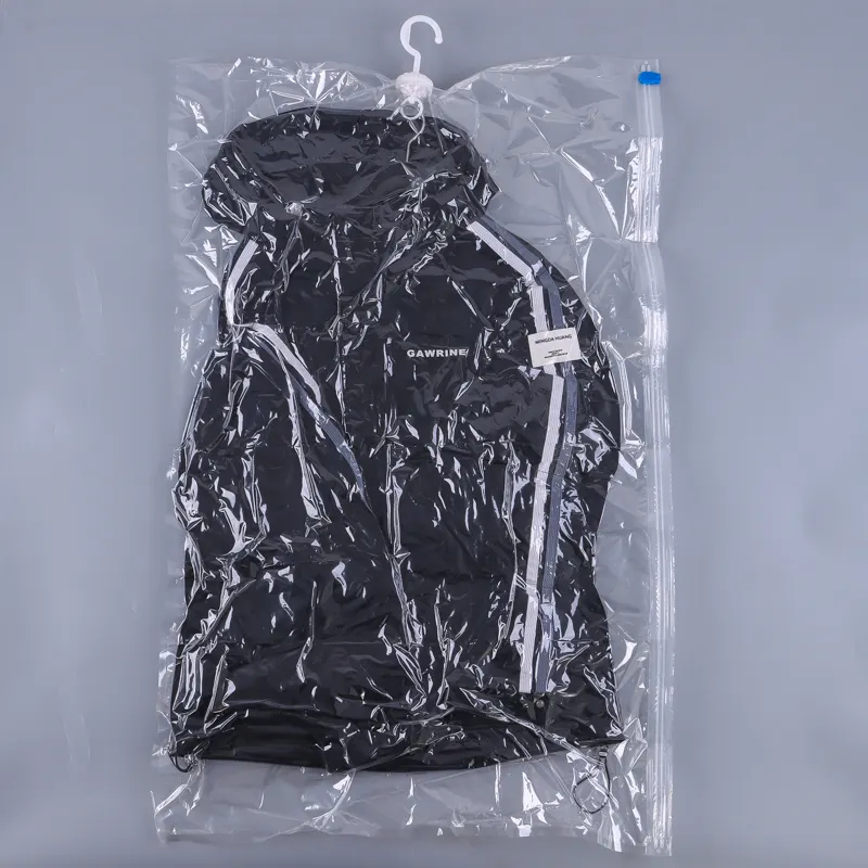 कस्टम पारदर्शी वैक्यूम संपीड़न प्लास्टिक सील बैग कपड़े के लिए वैक्यूम भंडारण बैग लटका