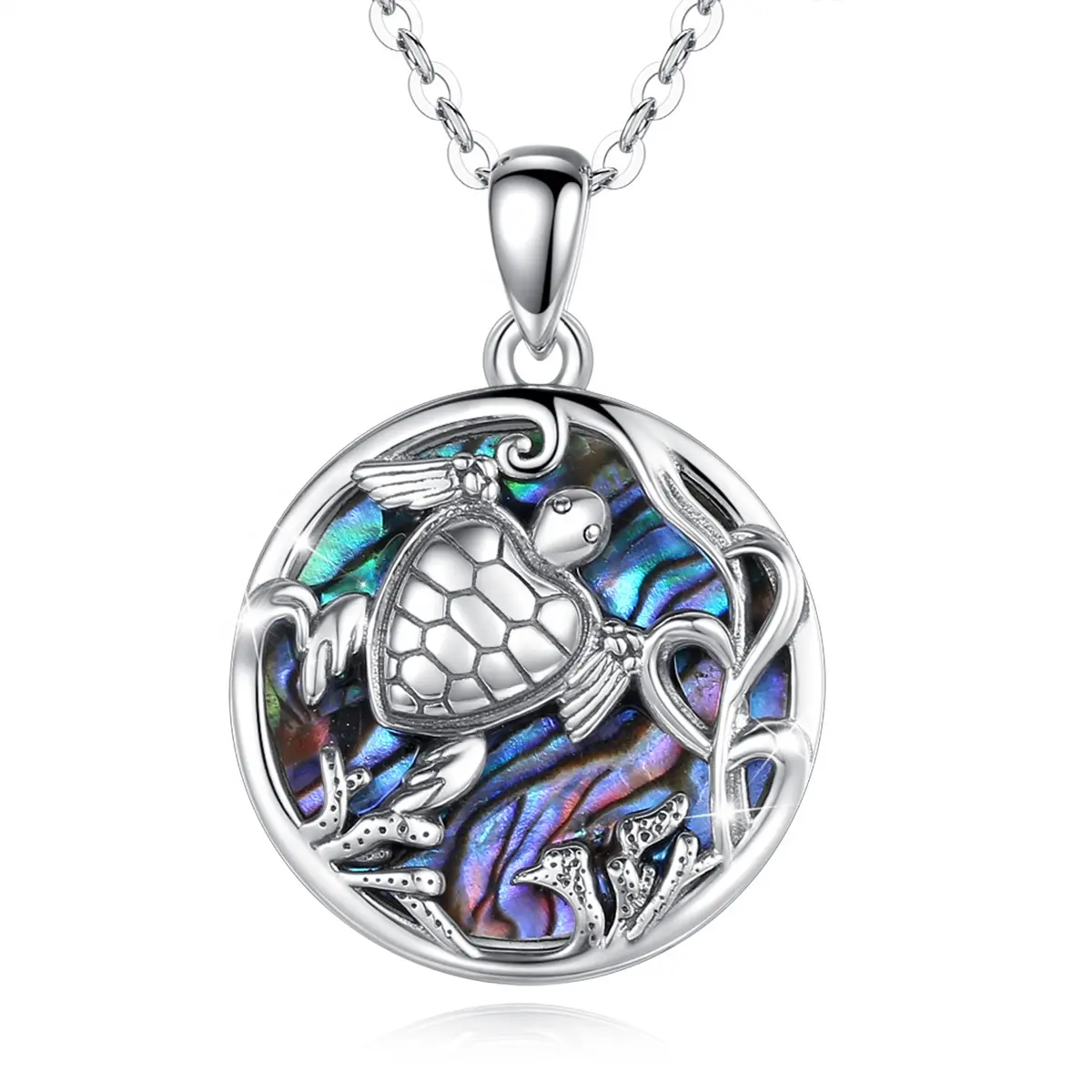 Collana conchiglia in madreperla con motivo a tartaruga marina in argento sterling Isunni S925