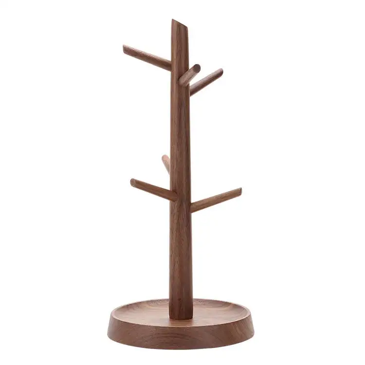 Árbol de taza de café de madera de nogal negro para 6 tazas de cocina estante organizador de tazas con alfombrillas antideslizantes