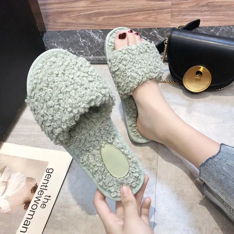 Dames Huis Pluche Slippers Open Teen Winter Warme Effen Zachte Zachte Pluche Platte Zool Katoenen Slippers Voor Dames Dames