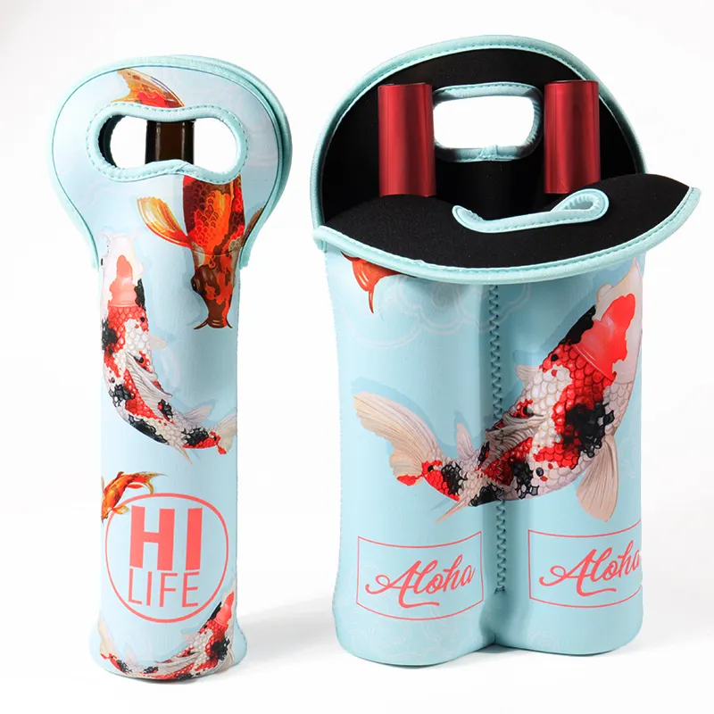 Custom Neoprene Single Double Wine Glass Stubby Holder Cooler Beer Bottle Carrier Tote Bag