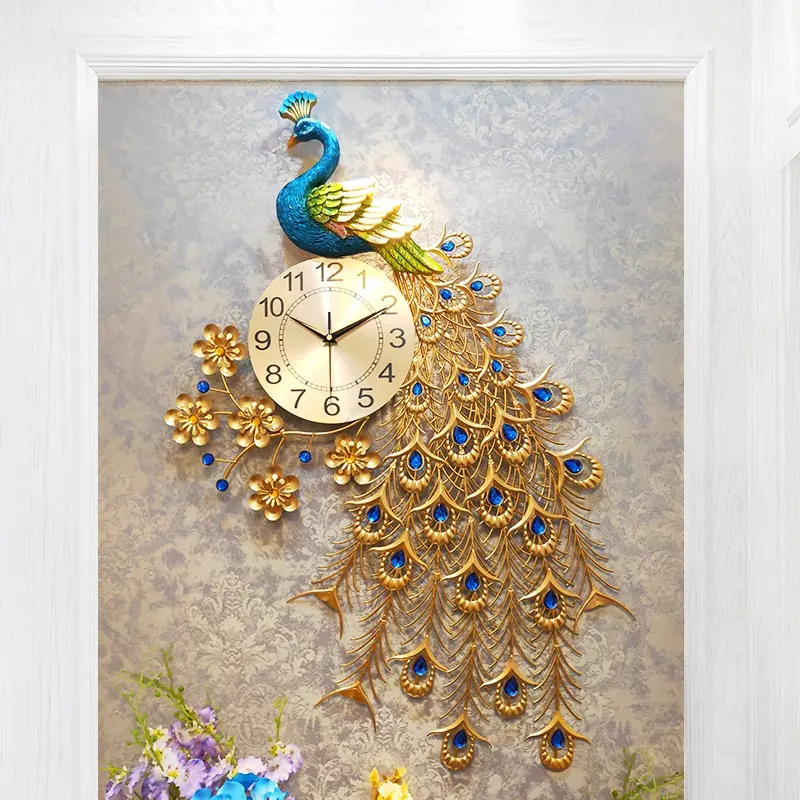 Reloj de lujo con diseño de pavo real y Metal para decoración del hogar, cronógrafo de pared con diseño de pavo real y resina de estilo europeo