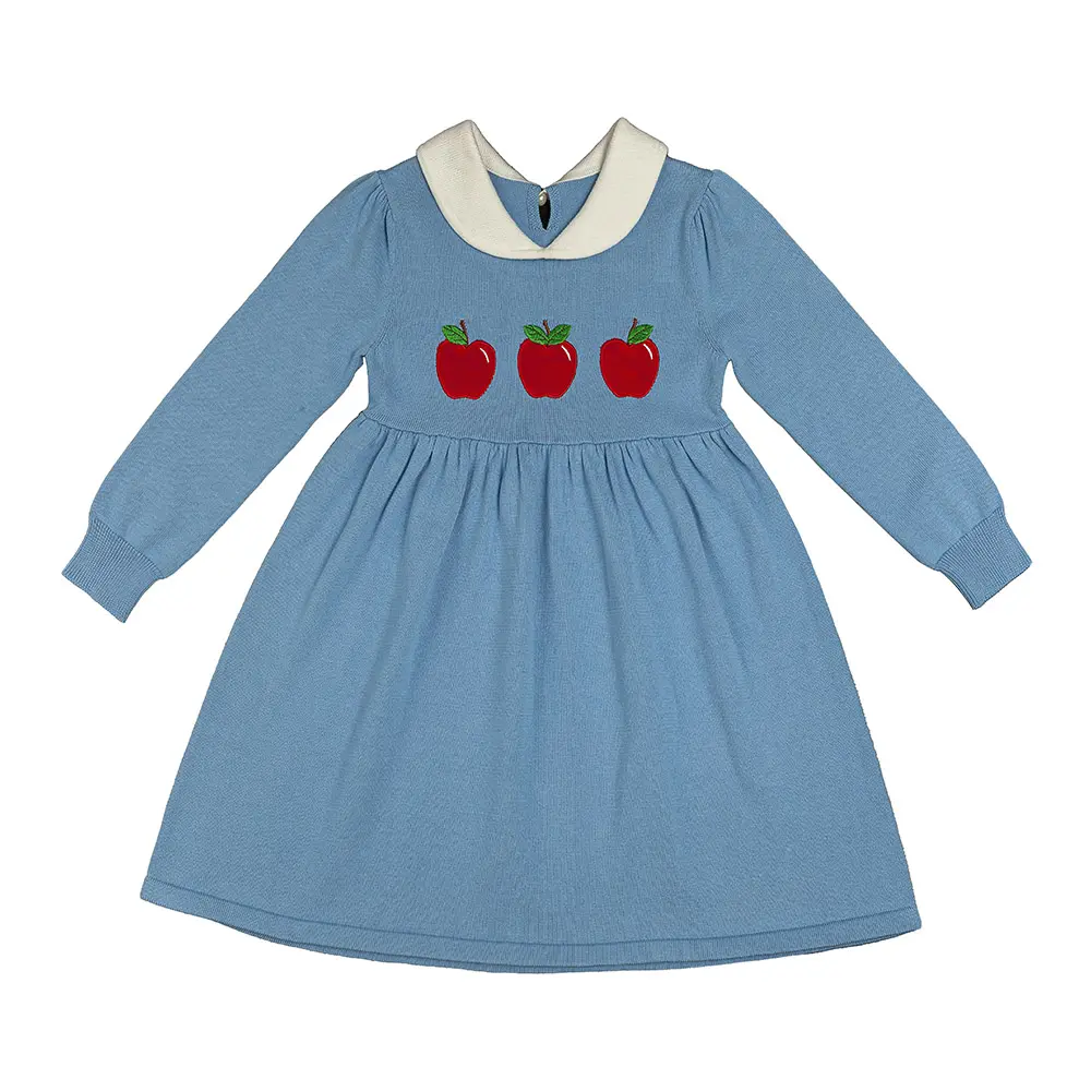 Vestido de invierno personalizado de alta calidad para niñas pequeñas, tejido, 100% algodón, bordado de manzana, Navidad, suéter