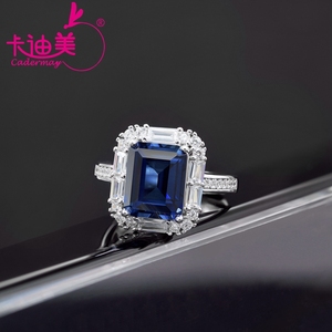 Cadermay高品質の高級ジュエリー925スターリングシルバー長方形サファイア婚約指輪本物のダイヤモンド付き女性ギフト用