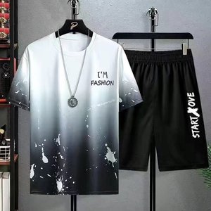 Erkek yazlık T-shirt takım rahat ince baskı spor Jogger kısa kollu üst şort 2 parça abd erkekler bir kıyafet spor 2 adet Set