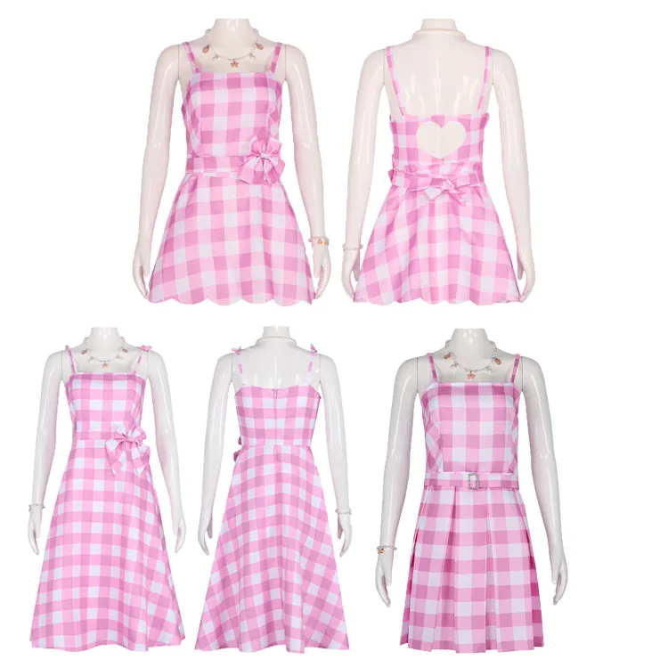 Karneval New Movie Film Ken Cos Kostüm Sexy Pink Plaid Mädchen Frauen Party Hochzeits kleid Halloween Cosplay Kostüm mit Halskette