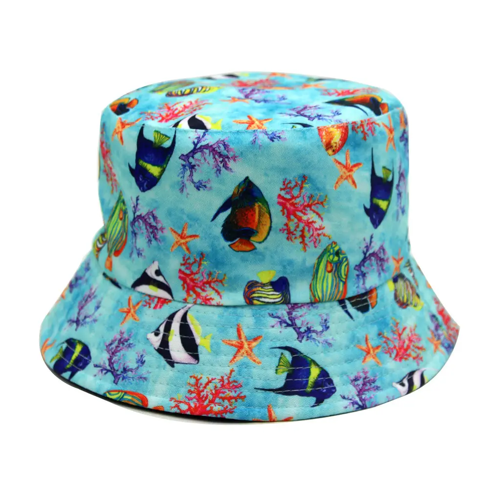 หมวกระเหิดนิเวศหมวกถังชาวประมงสีเต็มรูปแบบทั้งหมด Gorras RPET ชายหาดมหาสมุทรเป็นมิตรขายส่งฤดูร้อนผ่านการพิมพ์ดิจิตอล