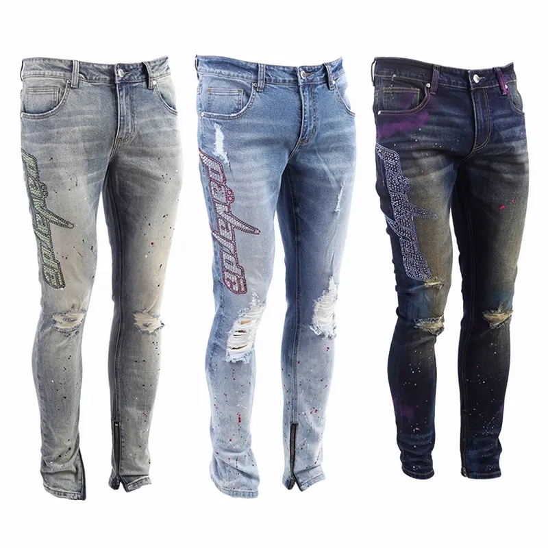 Bord Denim personnalisé jeans avec strass pour hommes Distressed Skinny hommes jeans strass Hommes Jeans Pantalon Élégant