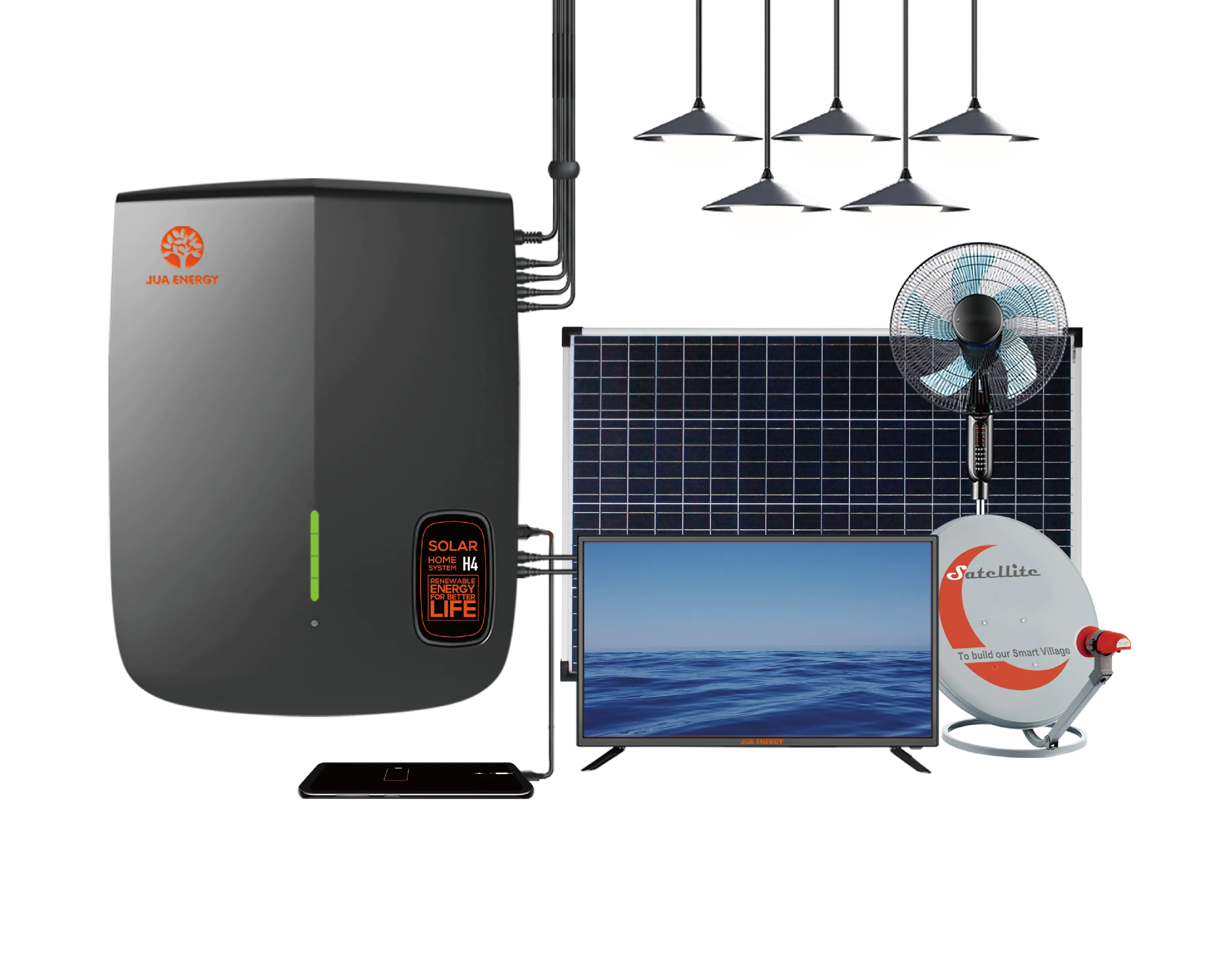 Jua energia solar 12v dc 32 polegadas, kit de iluminação doméstica com ventilador, recarregável, sistema de energia solar para vila africana rural