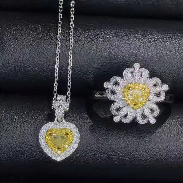 Di Vanlentine Giorno romantico del cuore della pietra preziosa regalo dei monili 18k oro giallo naturale diamante del pendente della collana set di anelli