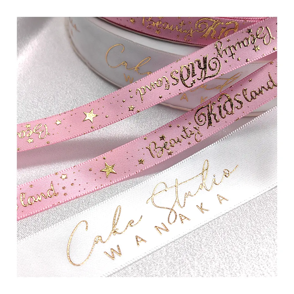 Alta Qualidade Impresso 3D Golden LOGO Ribbons Pink Fita Decorativa para Gift Packing Wrap Celebração do Natal Fornecedor