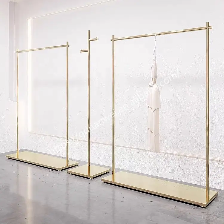 Loja roupas Stand exibição pano metal cremalheira roupa ouro brilhante aço inoxidável