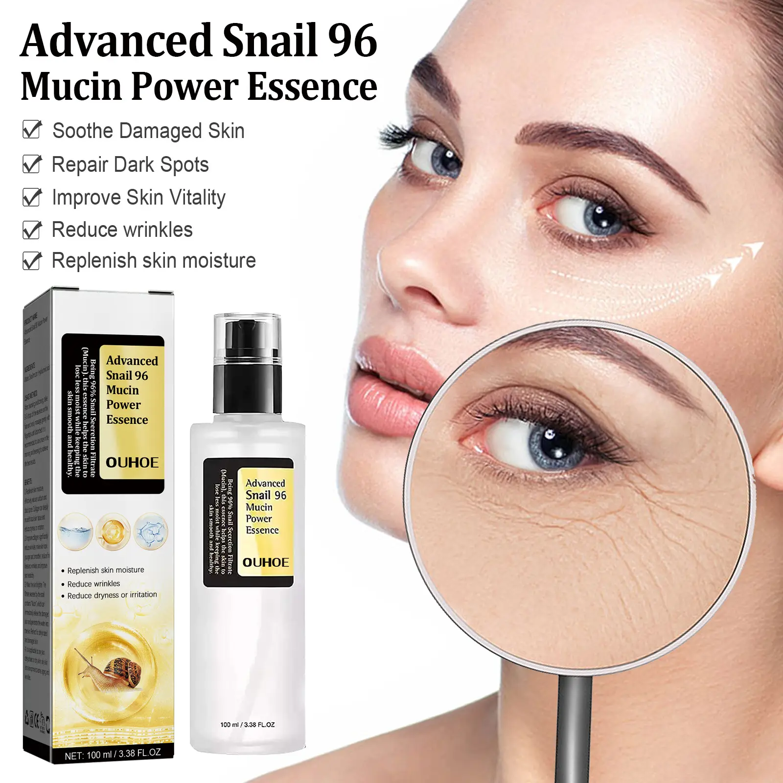 96% Snail Mucin Skincare Anti Aging Skin Care Face Serum Facial Whitening Repair with collagen Snail Serum For Sensitive Skin