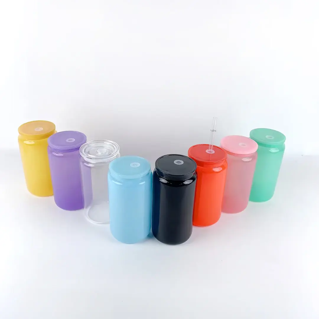 RTS Glass Can with Plastic Lid and Straw 16oz Beer Glass Can Sublimation Colorful Cup for Cold Coffee