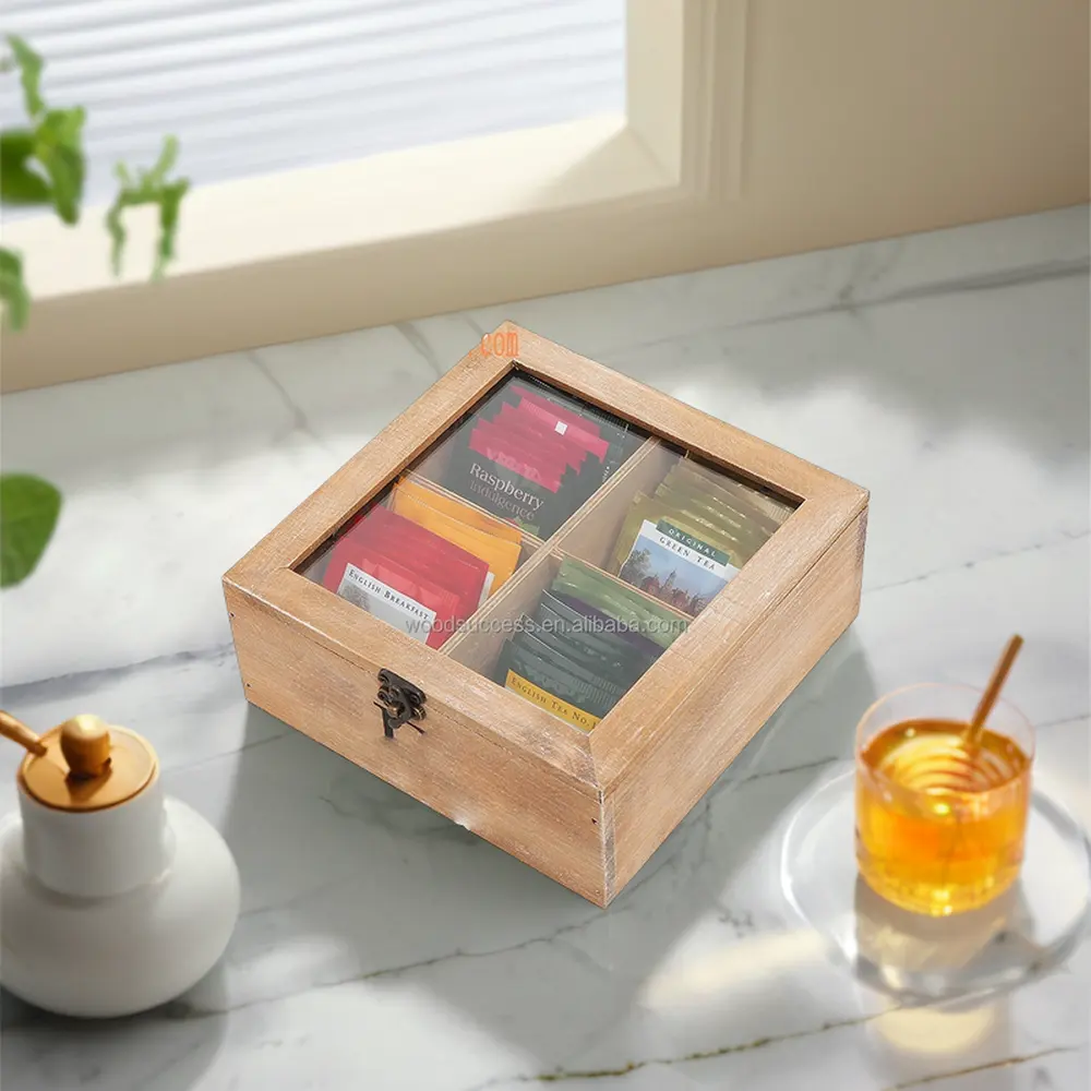 뜨거운 판매 나무 차 커피 가방 상자 하이 퀄리티 4 가슴 구획 티백 커피 포장 주최자 보관 케이스