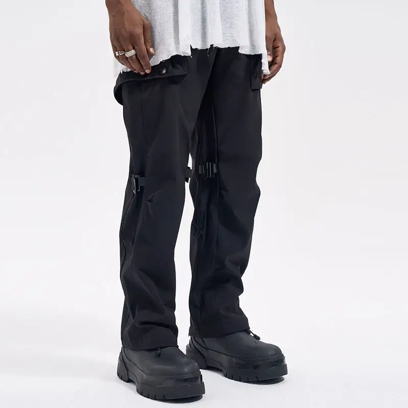 Alta rua joelho estéreo corte fivela nylon calças de suor multi-funcional dos homens funcionais multi-bolso calças casuais