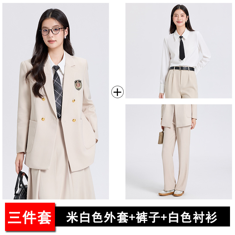 off-white suit, white shirt and trousers