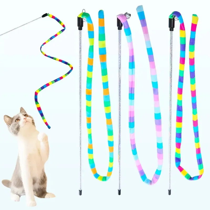 Mainan tongkat kucing pelangi pita kucing warna-warni tongkat penggoda tali hewan peliharaan Charmer tari untuk anak kucing