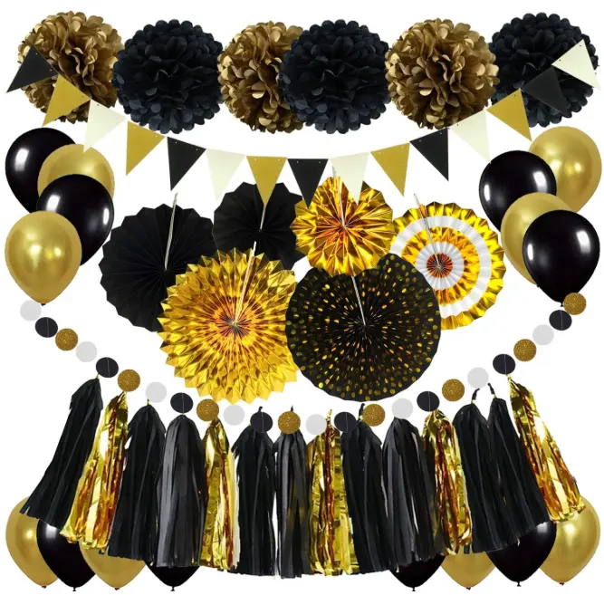 Palloncini dorati e posteriori set di ventagli di carta pompon bunting Dots banner tessuto nappe ghirlanda per la decorazione della festa di laurea di compleanno