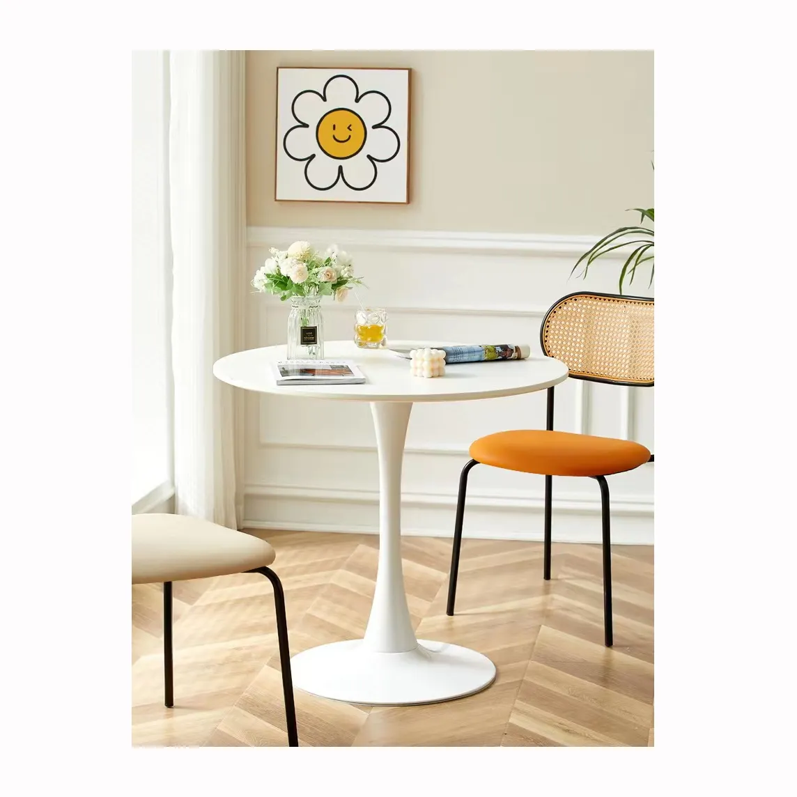 Mobilier de jardin, ensemble table basse moderne tous temps, terrasse, table ronde de patio en aluminium blanc