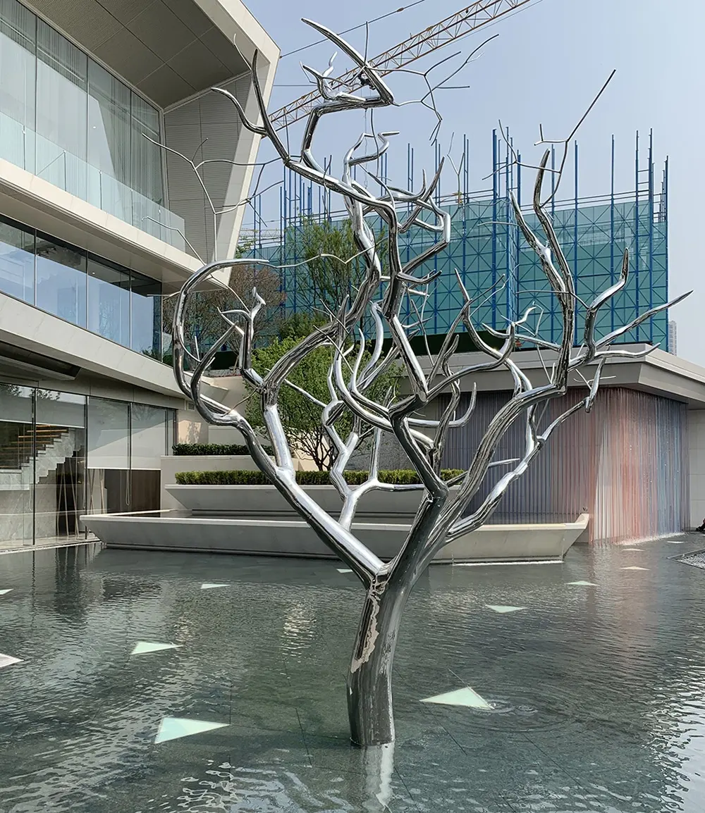 Escultura de árvore de metal para decoração, escultura 3d grande personalizada do parque do jardim ao ar livre de aço inoxidável da árvore