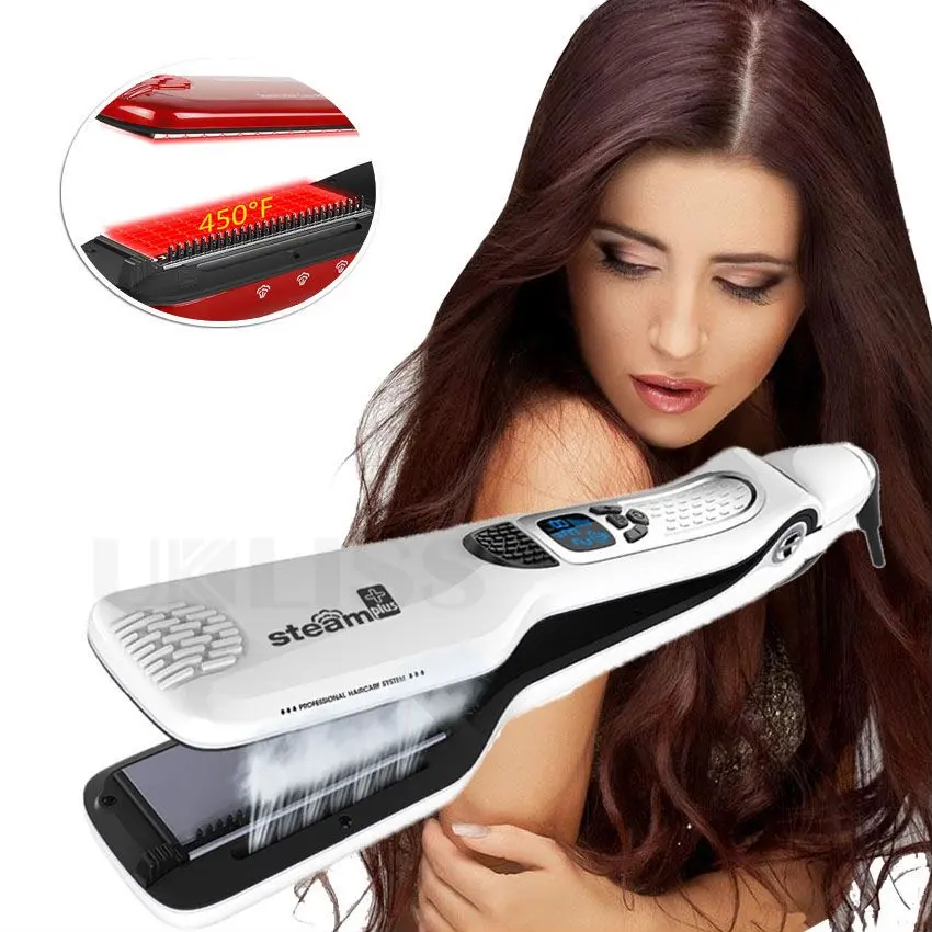 Steam Hair Straightener Fast Professional 450F Ceramic Flat Iron for Hair Styling Tool 2 in 1 Hair Curler Irons