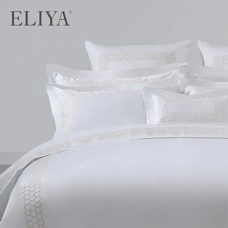 Eliya atacado 5 estrelas bordados branco egípcio 100% algodão king hotel colcha capa de lençol conjunto de cama 7 peças