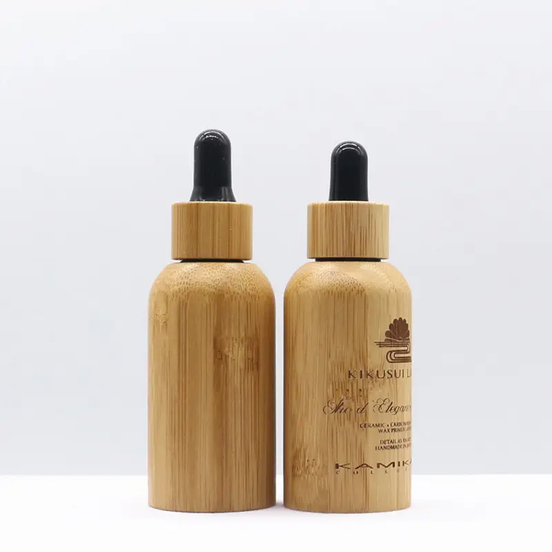 Garrafa de óleo essencial de vidro de bambu, frasco de cosméticos com tampa de gotas de bambu 5ml 10ml 15ml 20ml 30ml 50ml 100ml fosco redondo