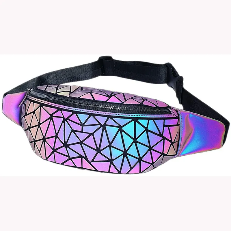 Riñonera geométrica reflectante para hombre y mujer, bolsa deportiva para el pecho, luminosa, holográfica