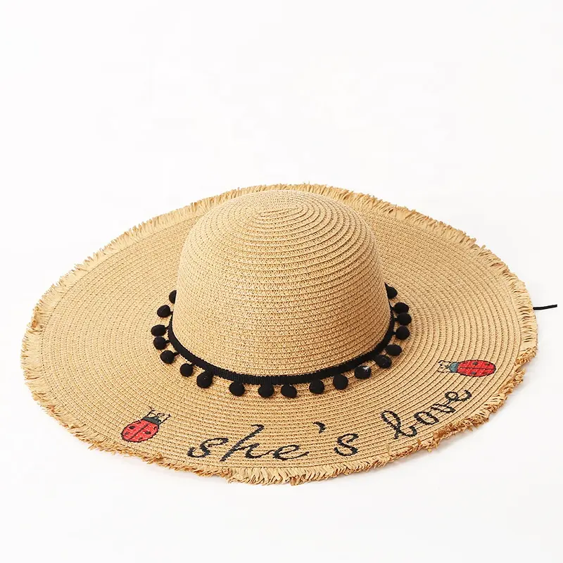 Chapeau de paille d'été brodé de coccinelles Chapeaux de paille Panama Chapeau de paille d'été pour femmes Chapeau de paille de plage