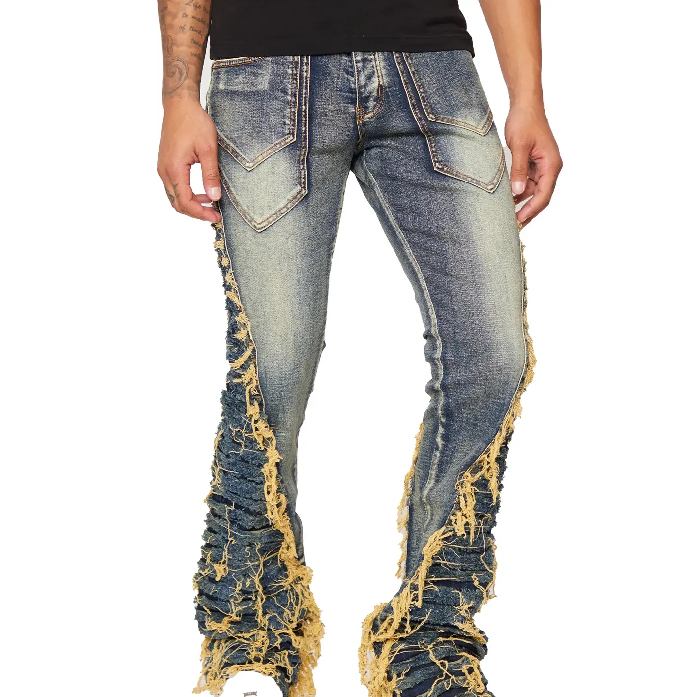 La vendita calda della manifattura dell'oem ha montato i pantaloni Jeans strappati impilati a gamba larga Shinny