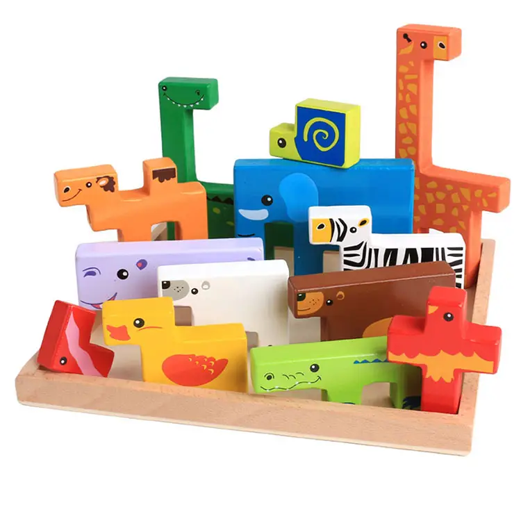 Best selling early educational creative animal building blocks 3d jigsaw wooden puzzle toys