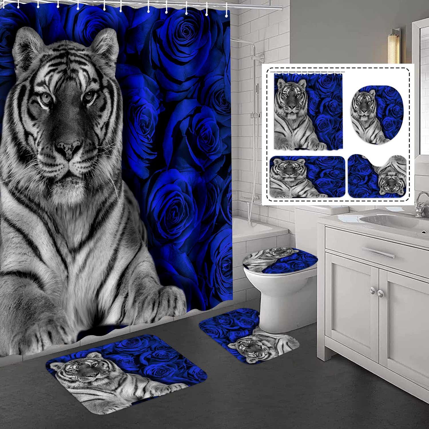 ion (17) Tigre blanc noir avec roses bleues