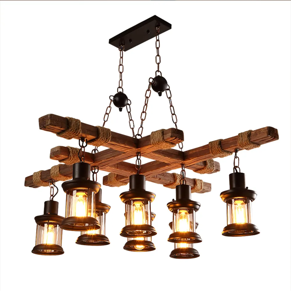 American Retro Bar Industrial Wind Chandelier Suspensión de madera maciza Personalidad Old Boat Lámparas colgantes de madera Luminaria de iluminación