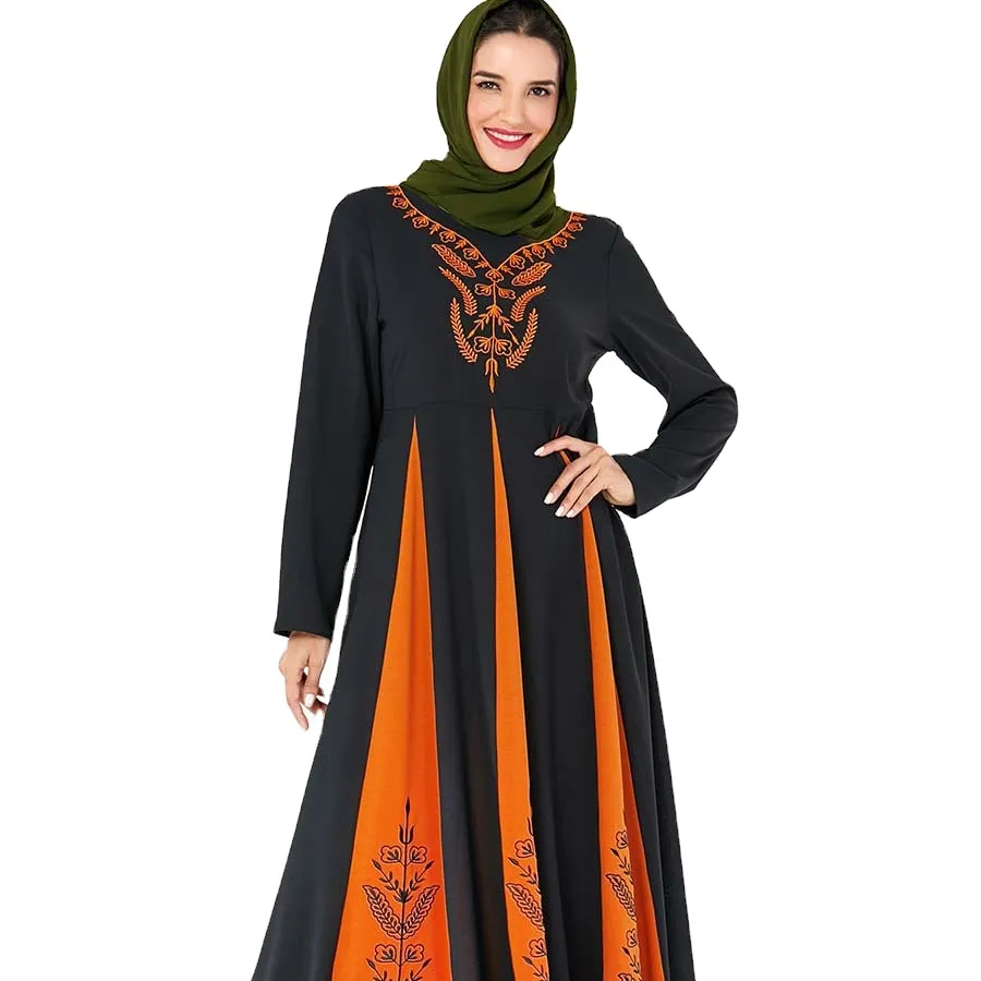Alla moda e dignitoso Arabo di grandi dimensioni ricamato delle donne di colore di contrasto splicing manica lunga Musulmano vestito