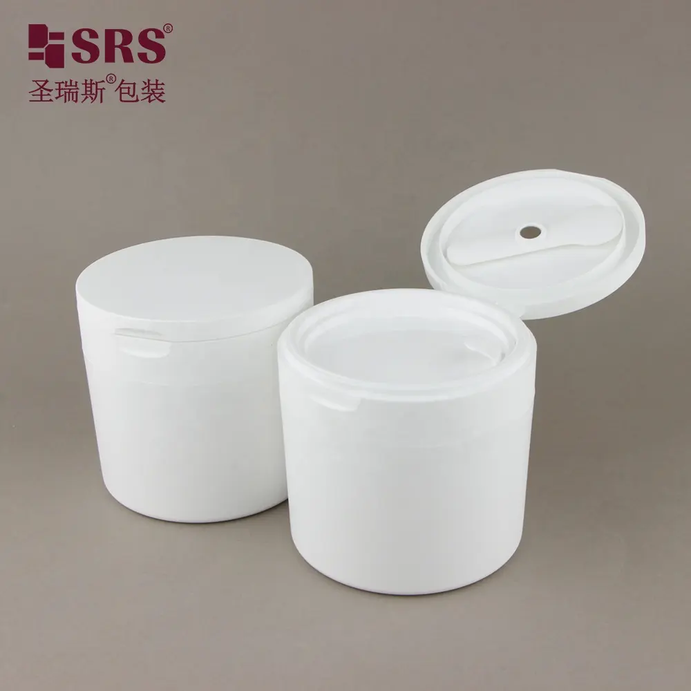 SRS1-150g Lege Cosmetische Wit Gekleurde Pp Flip Top Cap Pot Container Met Lepel Spatel Set Voor Huidverzorging Voor Wattenstaafje Eye Pad