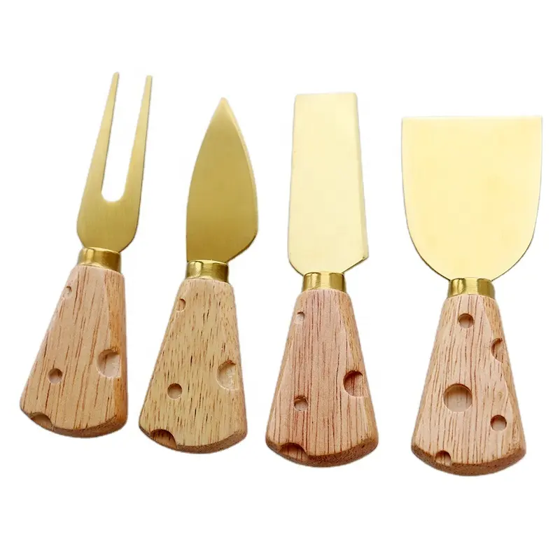 Set regalo di 4 adorabili coltelli e forchetta per formaggio Color oro graziosi manici in legno Set di attrezzi per formaggio per bambini