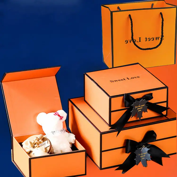 Caixa de papel de presente de luxo personalizada, embalagem pequena quadrada de embalagem para roupas, arco de laranja, 2022