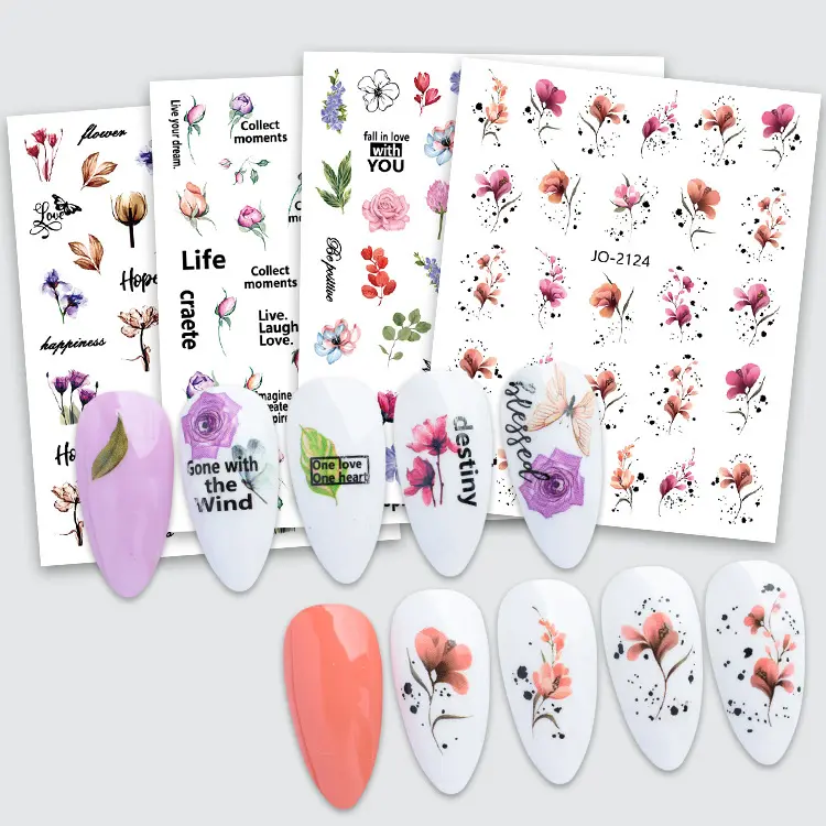 3D Nail Art Decals Cute Cartoon Leaves Flowers Script Adhesive Sliders Nail Stickers Decoration For Manicure Wholesale