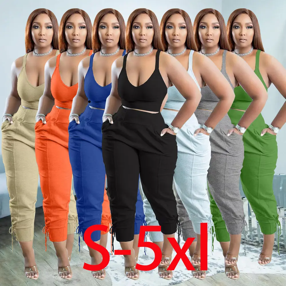Setelan Pakaian Wanita S-5XL, Setelan Atasan Crop Dua Potong Warna Solid Tanpa Lengan, Ukuran Besar Musim Panas