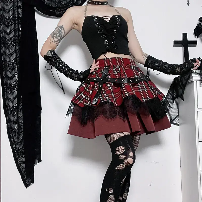 Faldas góticas Punk de cintura alta para mujer, Falda plisada con patrón cruzado, estilo oscuro, ropa de calle para Club, minifalda Cosplay