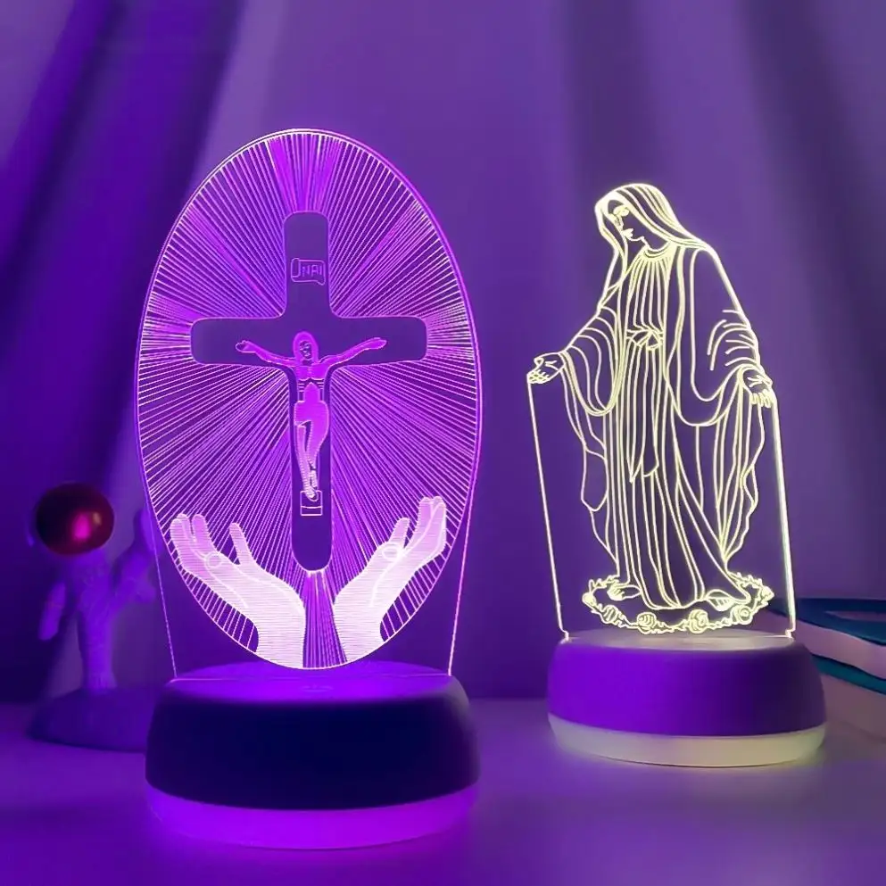 Luz de noche Led de crucifixión de Jesús personalizada para decoración de Iglesia, luces de cambio Multicolor de ilusión 3D para lámpara de mesa cristiana