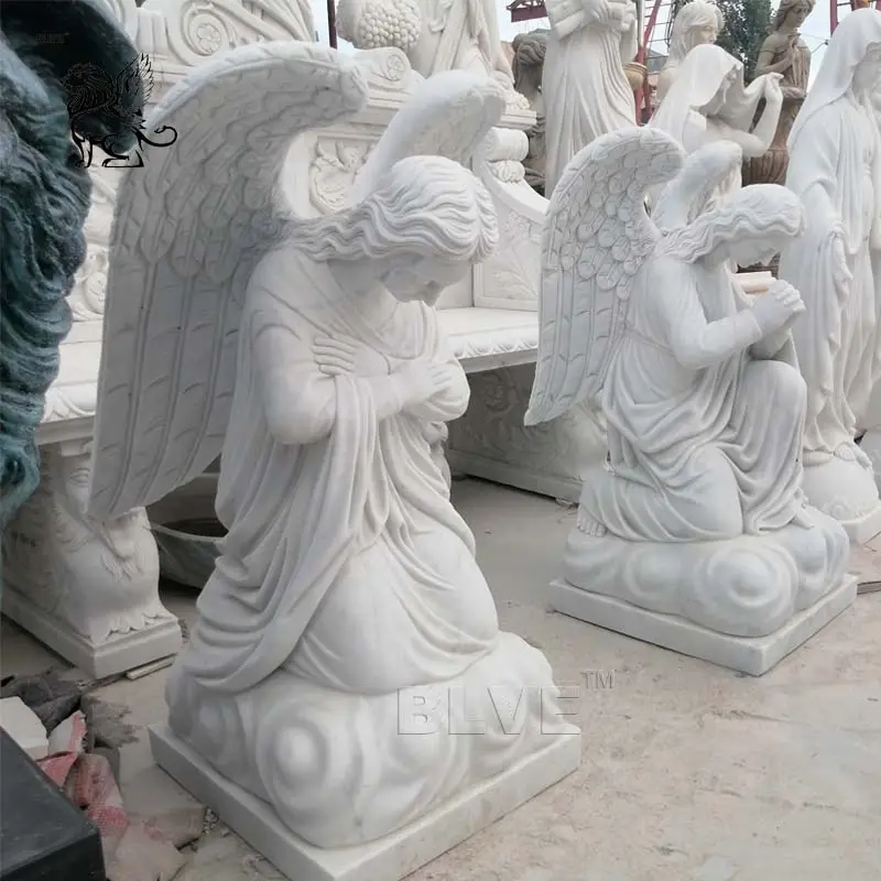 Decorativo all'aperto religioso intagliato a mano vita Lize pietra inginocchiato angelo statue scultura in marmo