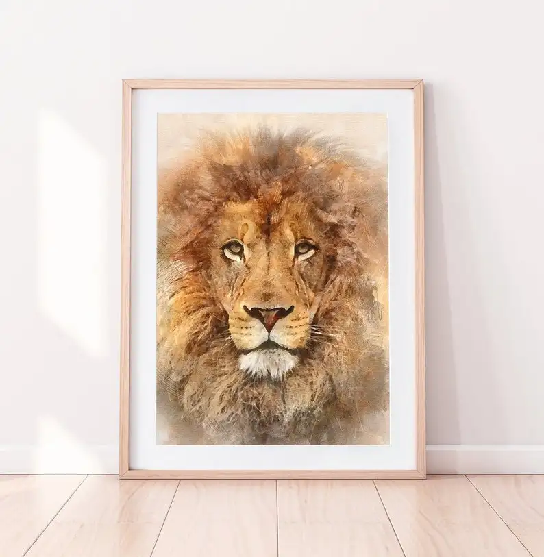 Arte de parede de leão, arte de aquarela de leão, animais selvagens, arte moderna para decoração de casa