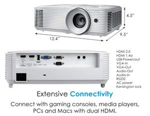 4000 Lumens High Brightness <strong>Optoma</strong> HD39HDR Home Theater Projector 120Hz Refresh Rate 8.4ms Fast Response Time Easy 1.3x Zoom - Product Image 3