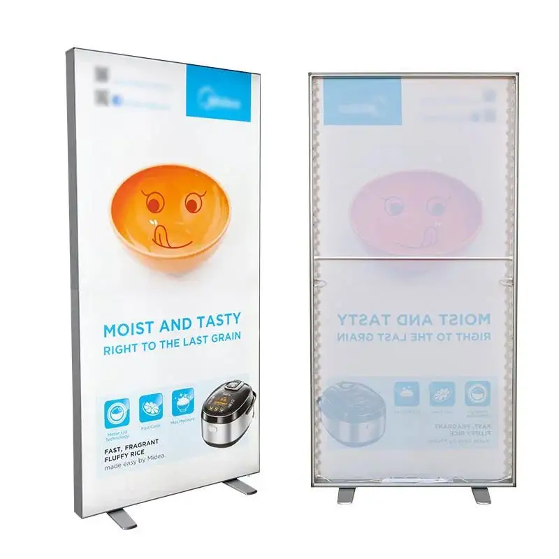 Suporte de cartaz publicitário vertical dobrável portátil com LED dentro da caixa de luz de tecido de fibra actínica para estande de exposição
